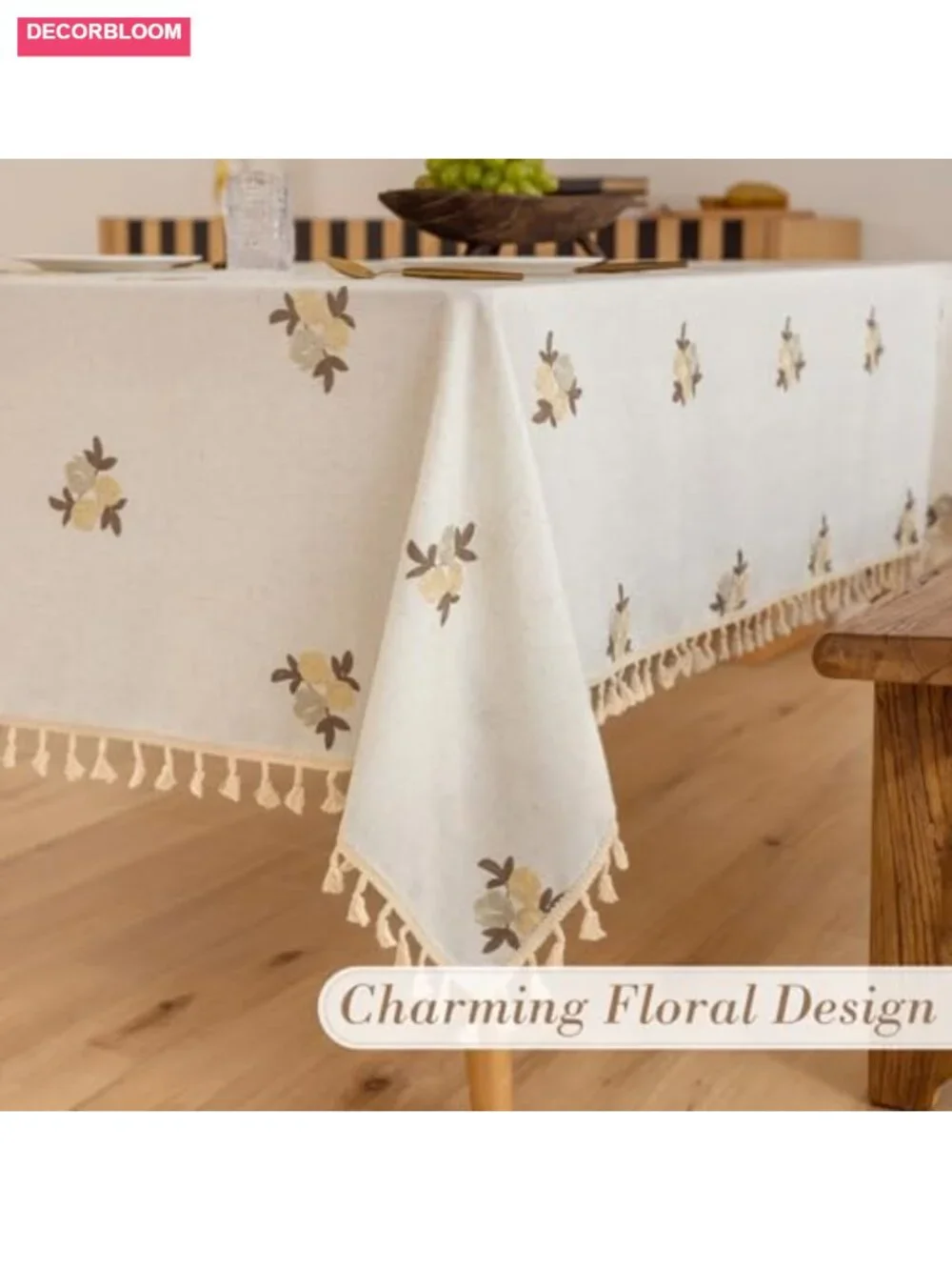 Linen Blend Embroidered Floral Rectangle Tablecloth Tassel 60x84 Farmhouse